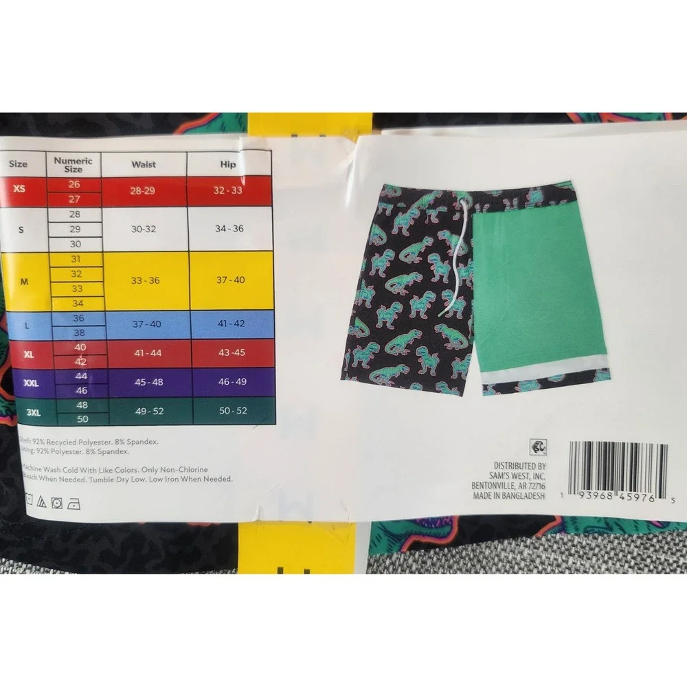 Member's Mark Mens M Resort Swim Trunk Black Green Dinosaur Print Board Shorts